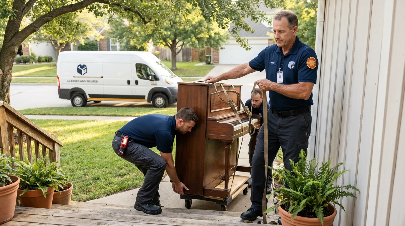 Licensed piano movers securing grand piano in Whitewater, WI