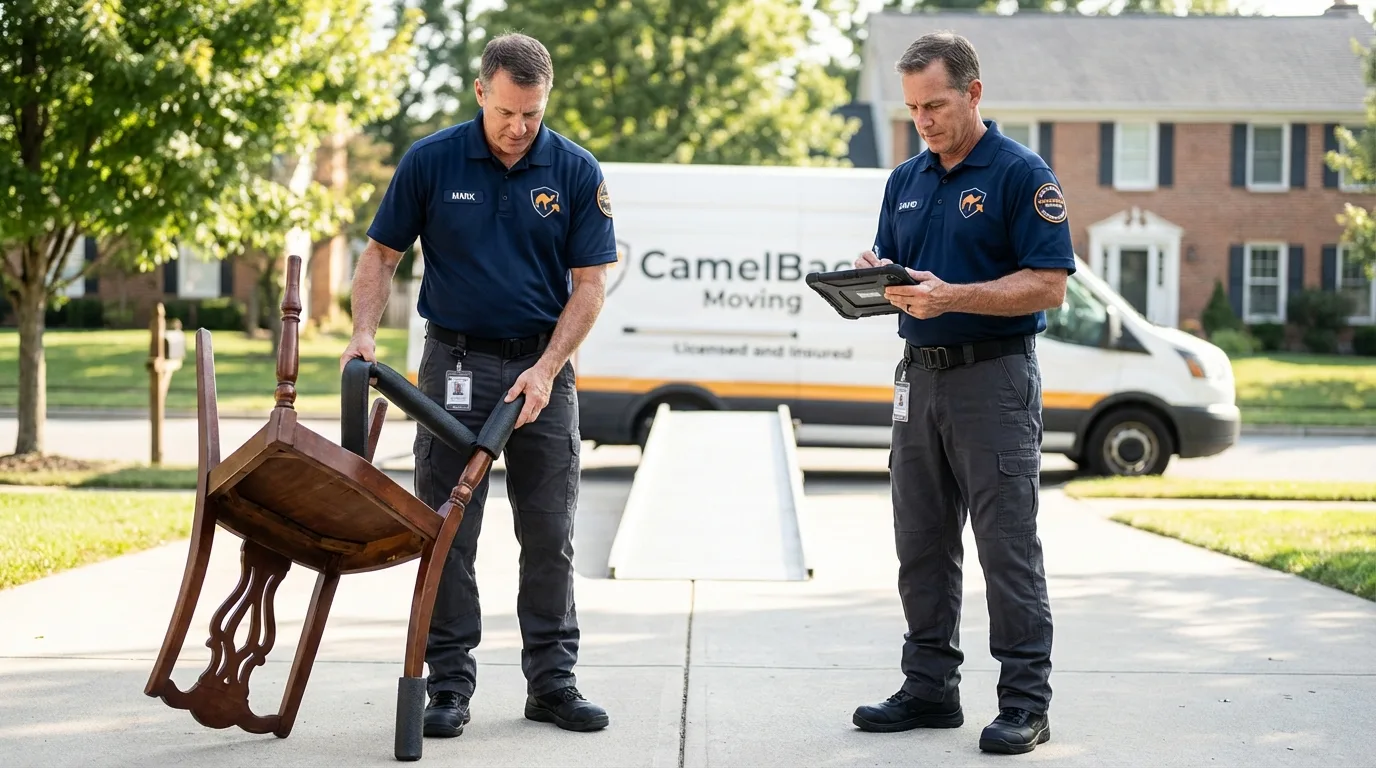 Movers inspecting furniture for damage prevention before loading in Whitewater, WI