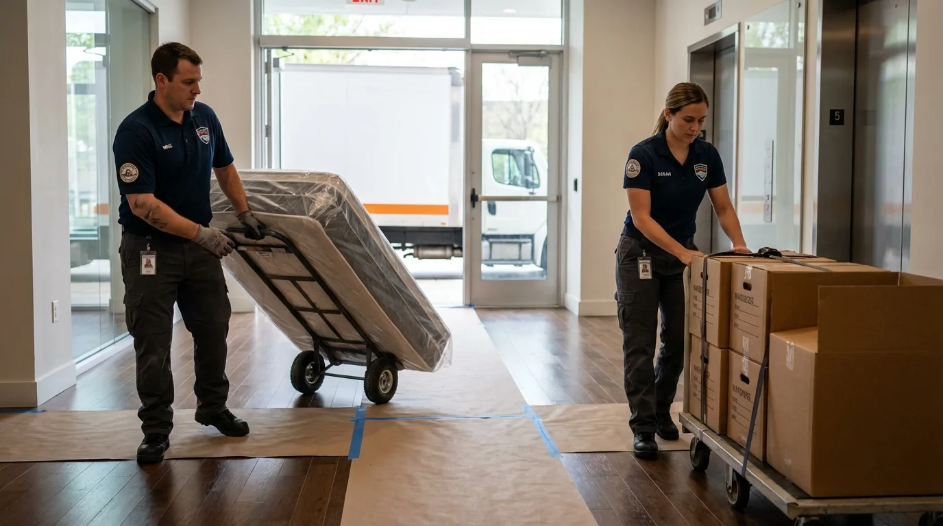 Professional apartment movers loading elevator in Whitewater, WI