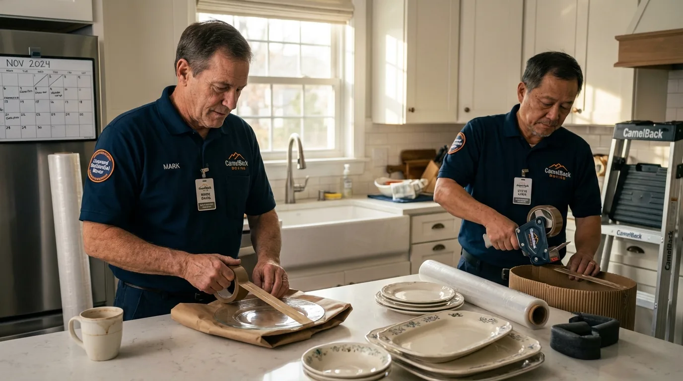 Professional crew packing kitchen dishware in Whitewater, WI